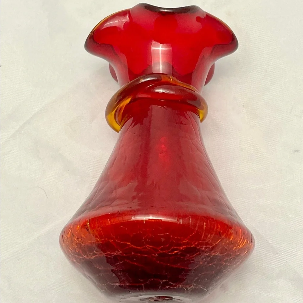 Amberina Ruby Red Crackle Glass Vase, Hand-blown Ruffle Rim, Cut Pontil, VTG EUC